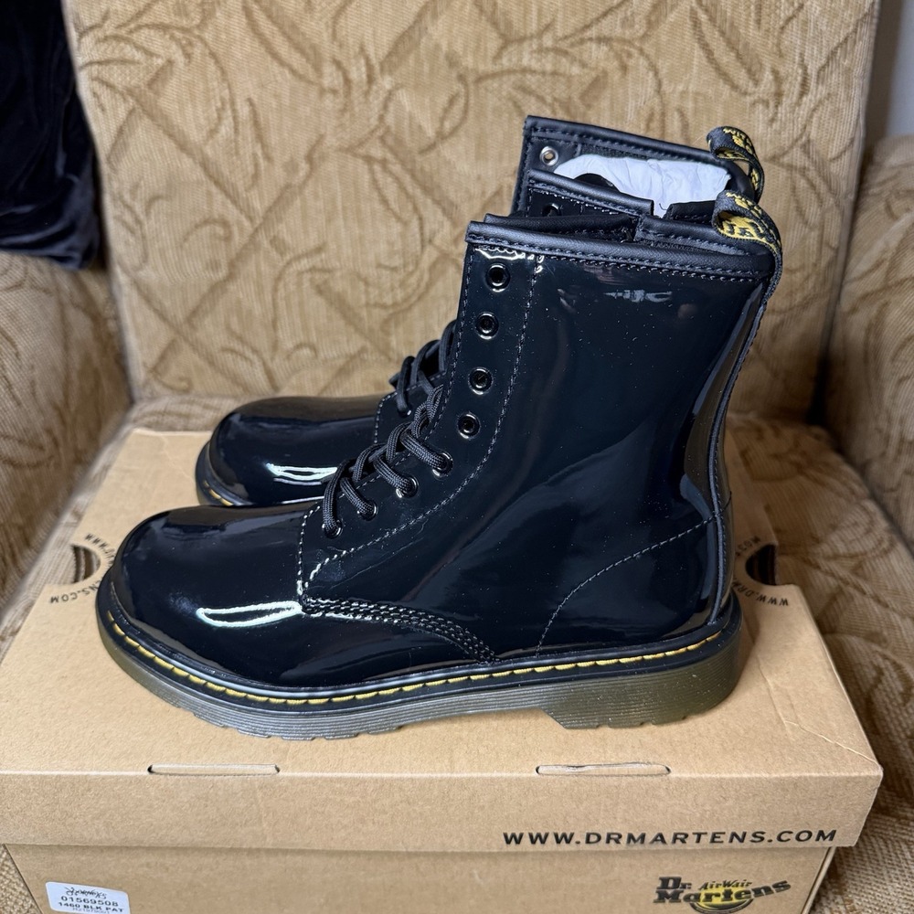 Dr Martens Black Patent Glossy Leather Combat Boots Women's US Size 6 UK‎ 4 New